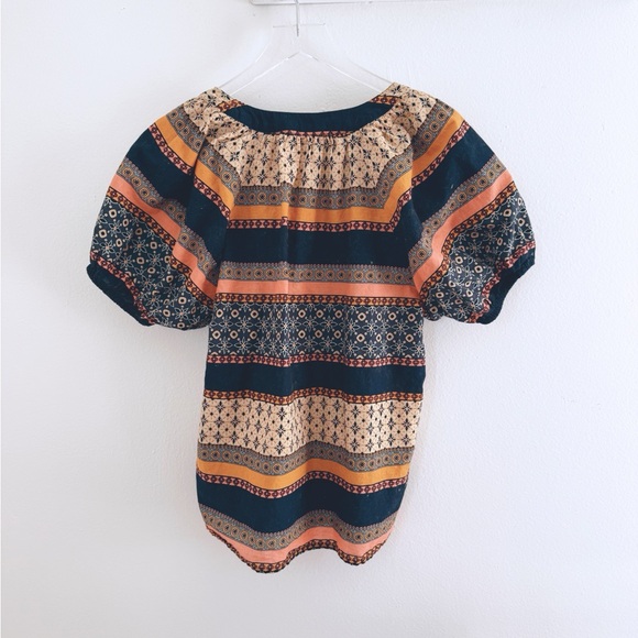 LOFT Petites XSP Boho Peasant Blouse Orange Navy Blue Short Puff Sleeve Top - Picture 3 of 3